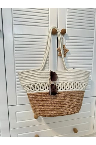 Doğal Hasır Jüt El Örmesi Bayan Çanta-bej Beyaz Trikotlu Bej