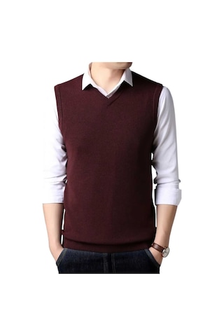 Tezzgelsin 2'li Erkek V Yaka Triko Tüylenmez Süveter Erkek Slim Fit Süveter Bordo - Siyah