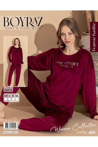 Boyraz Kadın Kışlık Fransız Kadife Bisiklet Yaka Uzun Kol Pijama Takımı 03410- 1 Adet Bordo