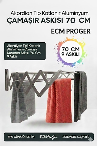 Ecm Proger Akordiyon Katlanabilir Çamaşır Kurutma Askısı - 70 Cm Genişlik 9 Çubuklu Model Açık Gri