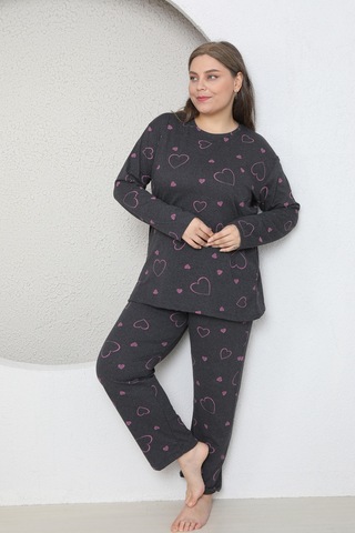 Fames Pijama Büyük Beden Kalp Desenli Mevsimlik Uzun Kol Pijama Takim Füme