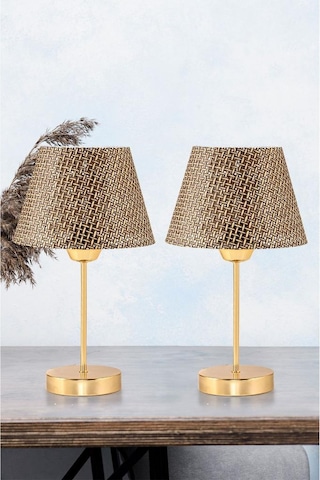 Star Gold Ayaklı Abajur Kahverengi Hasır Başlık Yatak Odası Salon Masa Lambası 2 Adet Kahverengi