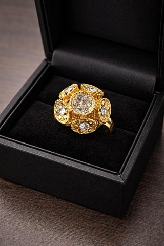 Gold Taşlı Nostaljik Ayarlanabilir Yüzük Gümüş + Altın