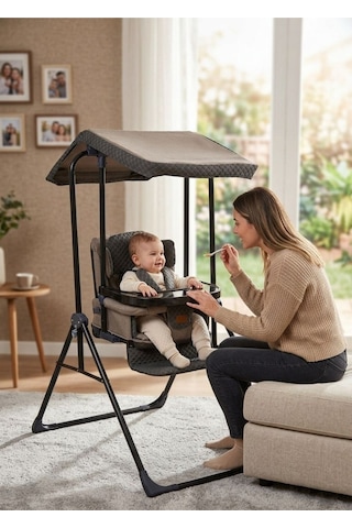 Yatarlı Tenteli Mama Tablalı Katlanır Keten Kumaş Ev Tipi Salıncak & Mama Sandalyesi