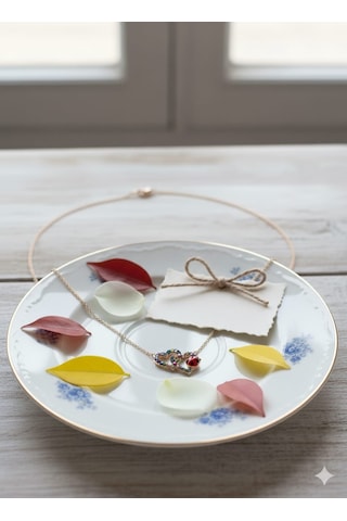 925 Ayar Papatya Silver Mix Taşlı Çift Kalp Uğur Böceği Kolye.rose.gold.rodaj Gümüş