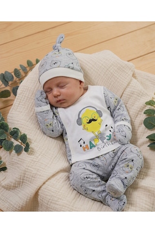 İmaj İmajbebe 3'lü Takım Limon Adam Baskılı Kendinden Eldivenli Alt Üst Şapka Seti 0-3 Ay Gri