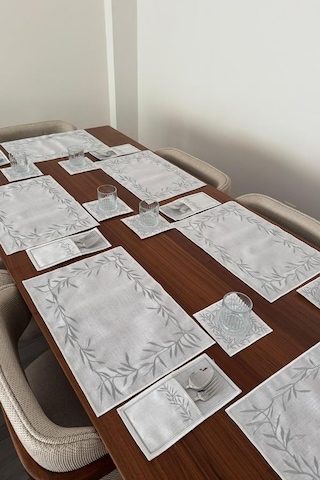 Nazlım Keten Nakışlı Amerikan Servis Takımı 19 Parça Silver Gümüş