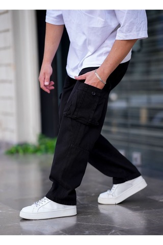 Cool Tarz Erkek Kargo Cep Baggy Pantolon Mat Siyah Rengi Mat Siyah Mat Siyah
