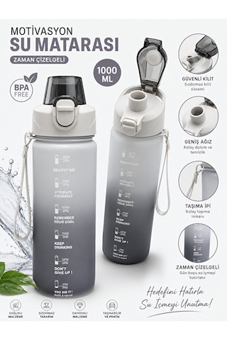 Motivasyon Su Matarası 1100 Ml Zaman Çizelgeli Sızdırmaz Kilitli Taşıma İpli Spor Matara Gri