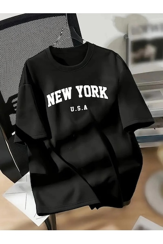 Primemagazam Kadın New York Baskılı Tişört Kısa Kol Bisiklet Yaka T-shirt - Siyah Çeşitli