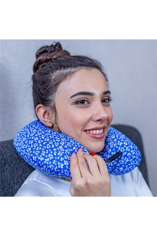 SimpleThePillow Visco Seyahat Yastığı Araba Uçak Otobüs Taşıt İçi Yolculuk Yastığı Ortopedik Yastık Desenli Mavi 31*27*10