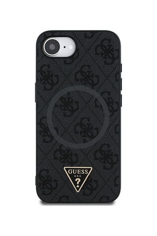 Apple iPhone 16e Uyumlu Kılıf Guess Lisanslı M-safe Şarj Özellikli Pu Üçgen Logo 4g Desenli Kapak Siyah