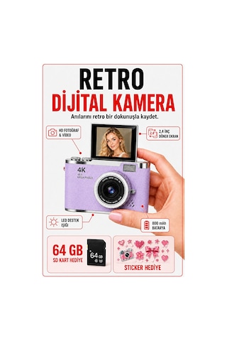 Solvis 4k Dijital Retro Fotoğraf Makinesi 48mp 18x Zoom 180 Dönen Ekran Flaşlı 64gb Sd Kart Selfie Vlog Kamera Mor