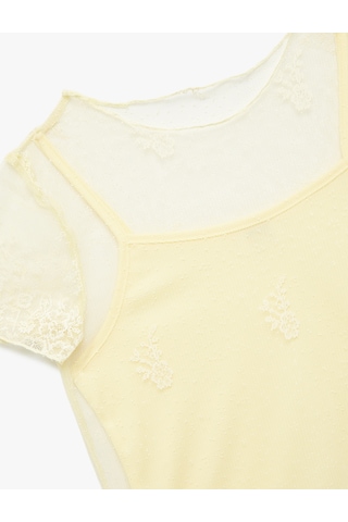 Koton Bisiklet Yaka Dantel Detaylı Askılı Astarlı Kısa Kollu Crop Tişört Sarı 5skg10543ak