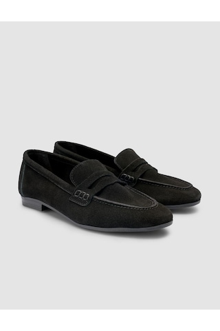 %100 Hakiki Deri Siyah Süet Kadın Loafer Siyah