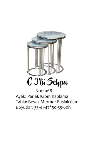 Bengi Brc C Zigon Sehpa C 3'lü 1068 Beyaz Mermer Desen Metal Parlak Krom Ayak El Yapım