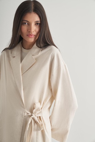 Mizalle Keten Karışımlı Anvelop Bağlı Bej Rengi Kimono Ceket Bej