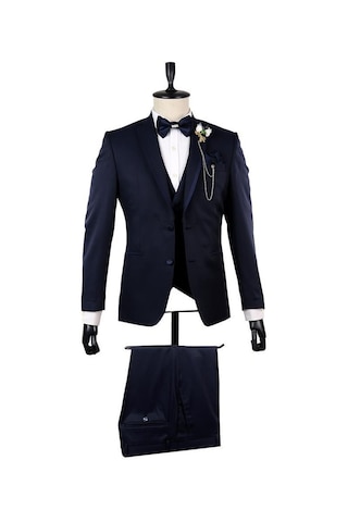 İmza Koyu Lacivert Desenli Mono Yaka Astarlı Yelekli 6 Drop Slim Fit Dar Kesim Smokin Damatlık 1001210100-Lacivert