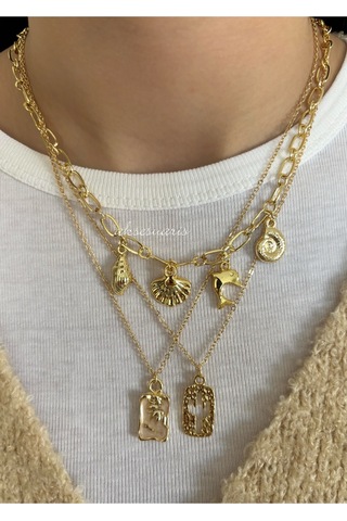 3'lü Gold Charm Deniz Kabuğu Mineli Kaktüslü Kolye Set Altın Altın
