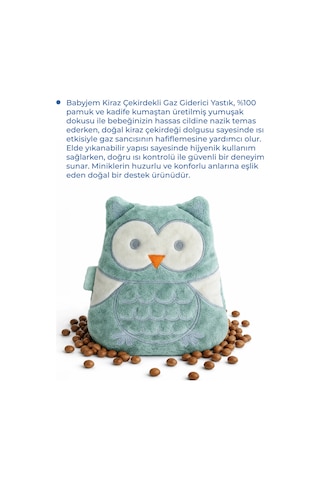 Babyjem Kiraz Çekirdekli Baykuş Kadife Rahatlatıcı Gaz Kemeri & Gaz Yastığı - Yeşil