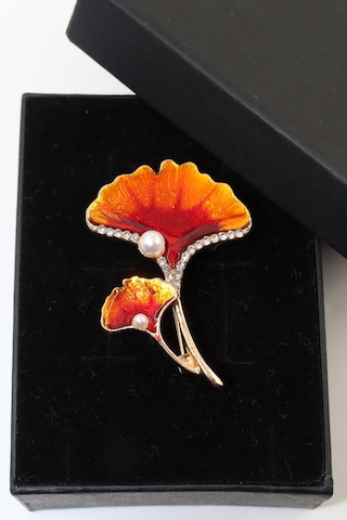 Ginkgo Yaprağı İncili Taşlı Broş. Yaka İğnesi Broş. Kadın Broş. Çiçek Broş. Ginkgo Broş. Gold Broş. Altın - Kırmızı