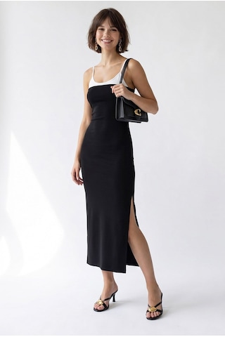 Mixray 2132 Kadın Bodycon Vücudu Saran Askılı Yırtmaçlı Maxi Elbise Siyah