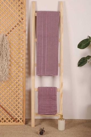 2 Parça Banyo Havlu Takımı %100 Pamuklu Çubuk Desen Mor Diğer