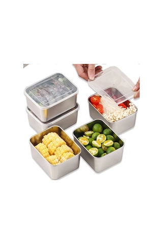 Mufunye 5'li Paslanmaz Çelik Buzdolabı Saklama Kutusu Seti, 3000 Ml, Isı Dayanıklı, Lehimli Kapaklı, Bulaşık Makinesine Uygun Gümüş