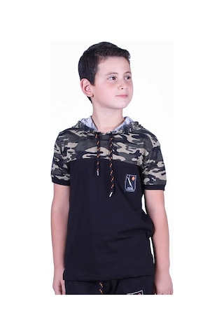 Kamuflaj Desenli Kapşonlu Haki Erkek Çocuk T-shirt Haki