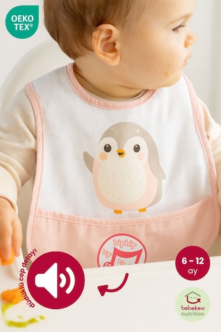 Düdüklü Cepli Sıvama Mama Önlüğü - Minik Penguen Pembe Bebek Önlüğü Açık Pembe