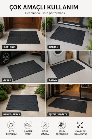 Kapı Önü Paspas 75x45 Cm Kaymaz Tabanlı Yıkanabilir Çok Amaçlı Dış Mekan Paspası siyah