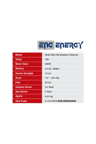 Energy Bms 20006 Akülü Budama Testeresi 18.5 Diş 4.0ah
