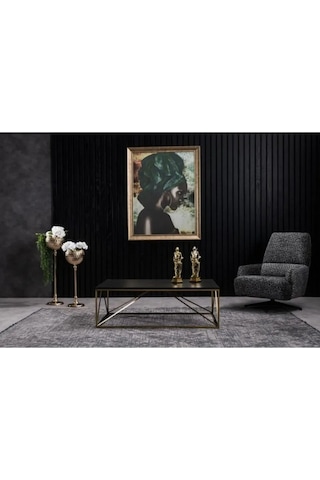 Nero Mermer Görünüm Sarı Siyah Orta Masa Modern Dikdörtgen Orta Sehpa Ahşap Metal Piramit Orta Masa Gold