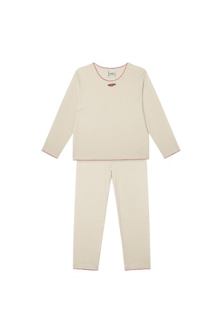 Antebies Organik Gots Sertifikalı Krem Jakar Kumaş, Gül Detaylı, Uzun Kollu Tişört, Bel Lastikli Taytlı Kız Çocuk Pijama Takımı