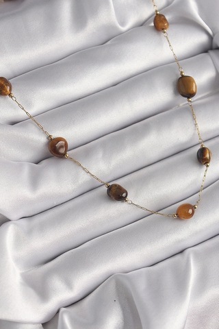 316l Çelik Gold Renk Zincir Kahvrengi Doğaltaş Model Kadın Kolye Çok Renkli