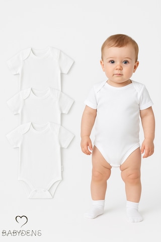 Babyden's 3'lü %100 Pamuklu Beyaz Kısa Kollu Bebek Body Seti 0-3 Ay - 12 Ay Unisex Yazlık Zıbın Beyaz
