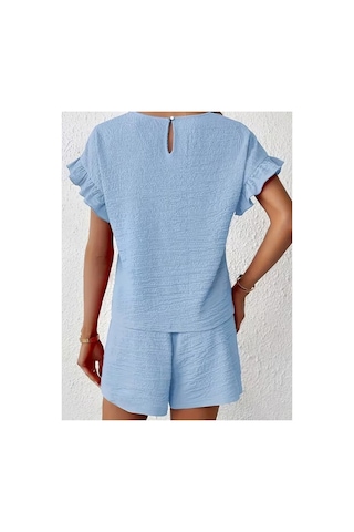 Butik İstanbul Kadın Kısa Kollu Bisiklet Yaka Bürümcük Bluz Ve Kısa Short Ikili Takım Mavi