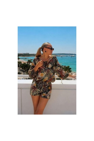 DefyModa Kadın Trend Model V Yaka Kuşaklı Balon Kollu Spor Alt-üst Takım Haki