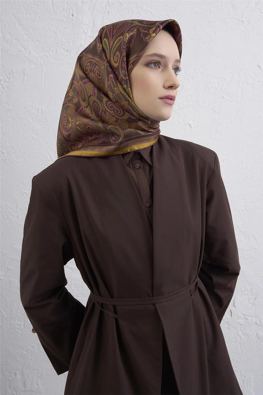 Armine Etnik Desen Saf İpek Twill Eşarp 9421d 81 Hardal