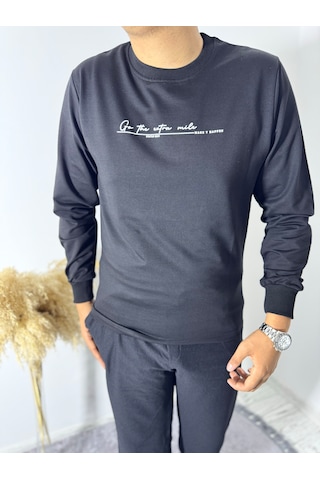 Say-Has Fashion Göğüs Baskılı Bisiklet Yaka Sweatshirt Siyah
