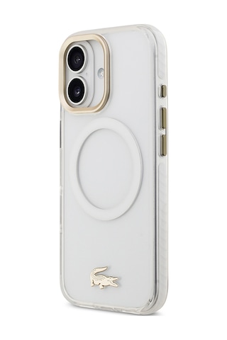 Apple Uyumlu iPhone 17 Kılıf Lacoste Lisanslı M-safe Şarj Özellikli Gold Timsah Logolu Buzlu Kapak Beyaz Beyaz