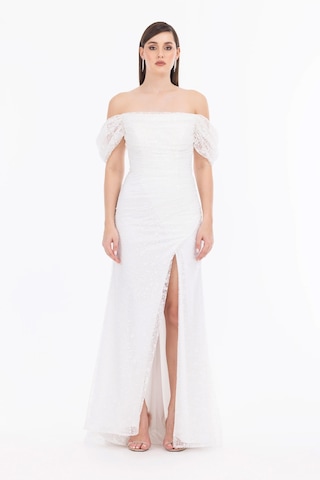 Kadın Straplez Yaka Balon Kol Dar Form Abiye Elbise - Ekru Ekru