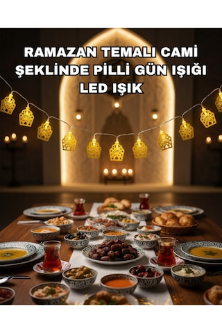 Muratech Dekoratif Ramazan Led Işık Pilli Cami Tasarımlı Zincir Aydınlatma Metal