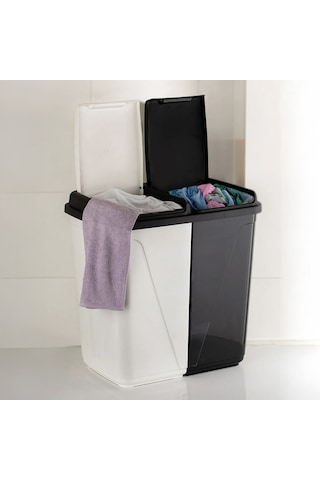 Porsima 0047 Çift Gözlü Etiketli Çamaşır Sepeti 90 L Beyaz - Siyah