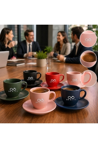 Logonuza Özel 6 Kişilik Rainbow Mat Fincan Takımı - 6 Fincan 6 Tabak Kurumsal Set Siyah