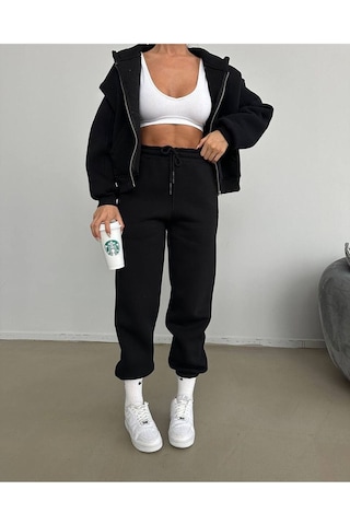 Düz Basic Hırka Eşofman Altı Jogger Alt Üst Takım - Siyah Fermuarlı Oversize Kapüşonlu Siyah