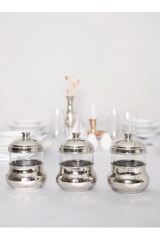 Bakır Baharatlık Camlı Hazneli Mini Boy 3'lü Set Gümüş