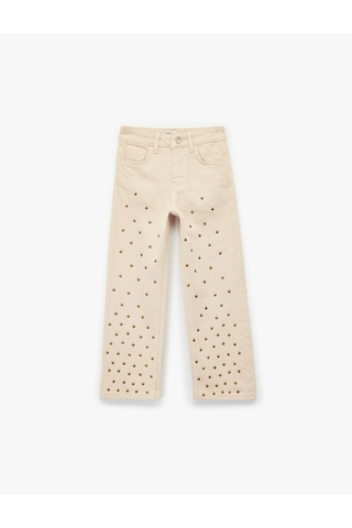 Koton Pamuklu Taş Detaylı Normal Bel Denim Pantolon Bej 6wkg40078ad Ekru