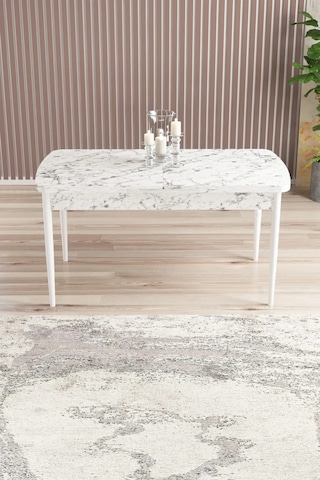 Zümra Serisi, Beyaz Mermer Desen 80x132 Açılabilir Mdf Mutfak Masası Takımı 6 Adet Sandalye Gri
