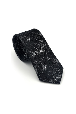 Gaffy Beyaz Desenli Siyah Dokuma Kumaş Mendilli Slim Fit Kravat // Sdk-2613-1 Siyah